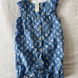 Adorable blue floral romper for size 2T with wooden buttons down the front